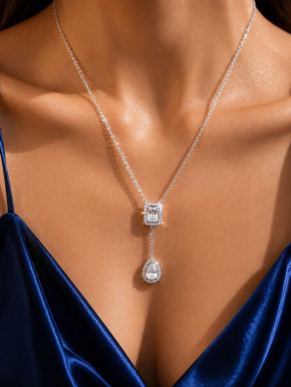 Silver Crystal Lariat Necklace with Teardrop Pendant - Picture 2 of 4